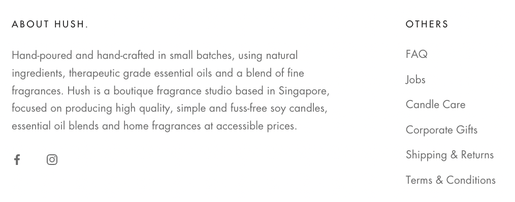 Hush About Page featuring brand founders and a story about hand-crafted, natural soy candles, essential oils, and premium home fragrances.